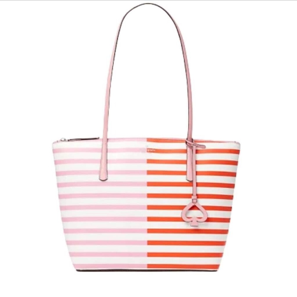Kate Spade New York Zina Coated Canvas Large Tote Pink Red Stripe Shoulder Bag
